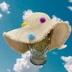 2 Chic Wide Brim Floppy Pompom Sun Hat